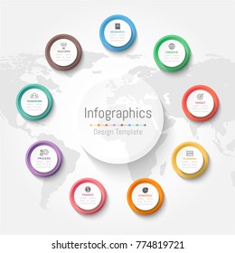 Infographic design elements for your business data with 9 options, parts, steps, timelines or processes. Vector Illustration. World map of this image furnished by NASA