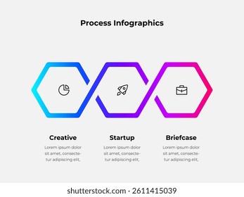 Infographic design featuring colorful hexagons depicting a business process concept with modern icons