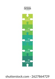 Diseño de infografía con cinco piezas de rompecabezas interconectadas de Vertical con un gradiente de verde claro a verde oscuro. Cada pieza está numerada y contiene texto de marcador de posición. Ilustración vectorial.