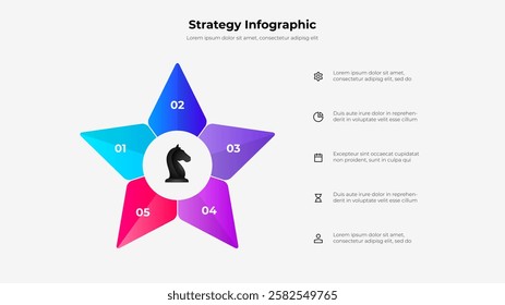 Infographic design featuring a star layout, a central knight chess piece, and numbered sections. Accompanied by icons and text, perfectly fit for illustrating business or planning strategies