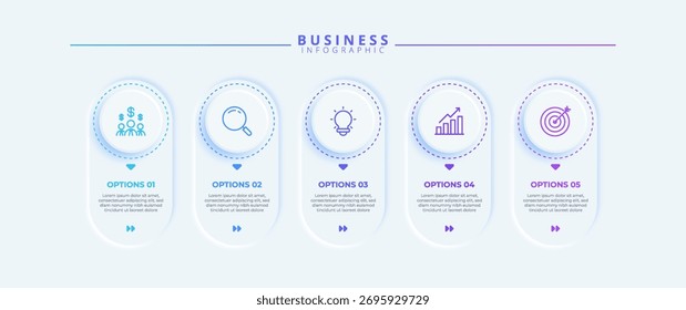 Projeto infográfico com cinco etapas e ícones, adaptados para uso empresarial. Adequado para apresentações, banners, fluxos de trabalho, diagramas de processos, fluxogramas e visualização de dados.