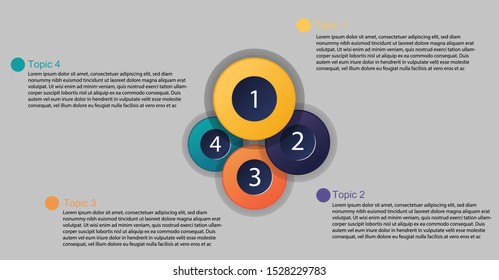 infographic design, four circle icons and space for texting with sample, presentation, banner, web site, vector, illustrator