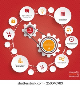 Infographic design with gears and circles on the red background. Eps 10 vector file.