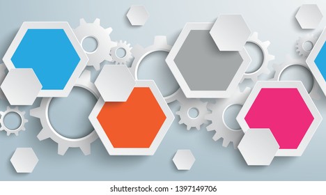 Infographic design with hexagons and gears on the gray background. Eps 10 vector file.