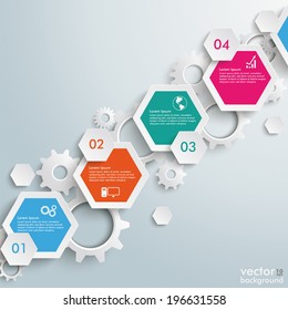 Infographic design with hexagons on the grey background. Eps 10 vector file.