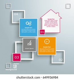 Infographic design with house, squares and frames on the gray background. Eps 10 vector file.