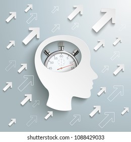 Infographic design with human head, stopwatch and arrows on the gray background. Eps 10 vector file.