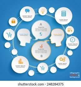 Infographic design with human heads and circles on the blue background. Eps 10 vector file.