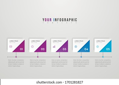 Diseño gráfico con iconos y 5 pasos o opciones. Se puede utilizar para infografías, gráficos de flujo, presentaciones, sitios web, banners, materiales impresos. Ilustración vectorial.