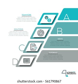 Infographic design layout with 4 lettered rectangular elements, text boxes and thin line icons. Stages of project development concept. Vector illustration for website, report, presentation, brochure.