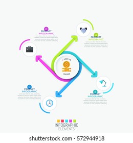 Infographic design layout - 4 spiral arrows swirling around central round element and pointing at pictograms and text boxes. Four steps to success concept. Vector illustration for report, brochure.