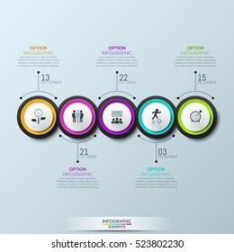 Infographic design layout: 5 multicolored circular elements with pictograms connected with text boxes. Monthly business progress concept. Vector illustration for corporate presentation, brochure, ad.