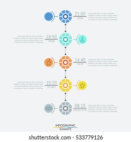 Infographic design layout, 5 multicolored round elements connected with text boxes by dotted lines. Productivity planner and daily schedule concept. Vector illustration for website, presentation.