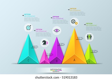 Infographic design layout: bar chart with 5 separate multicolored triangular elements of different sizes and text boxes. Percentage of company's growth. Vector illustration for report, presentation.
