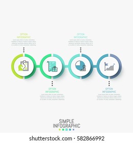 Infographic design layout. Horizontal diagram with 4 round elements successively connected by line, icons and text boxes. Four steps to obtain profit concept. Vector illustration for presentation.