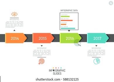 Infographic Design Layout. Horizontal Timeline, 4 Elements Indicating Year And Connected With Icons, Text Boxes And Bar Chart. Company Development Progress Concept. Vector Illustration For Website.