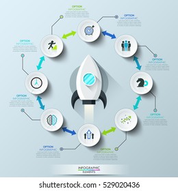 Infographic design layout: rocket launch in center and 8 circular elements with pictograms connected by double-sided arrows. Features of successful business project. Vector illustration for website.