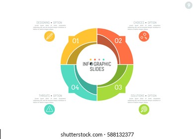 Infographic design layout. Round diagram divided into 4 numbered parts with arrows pointing at text boxes and symbols. Four options of company development concept. Vector illustration for report.