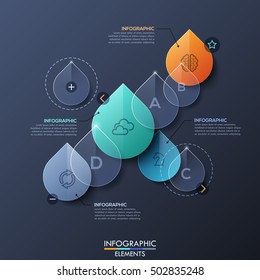 Infographic design layout with separate elements in shape of transparent water drops. Freshwater resources, water supply chain, eco-friendly business concept. Vector illustration for report, website.