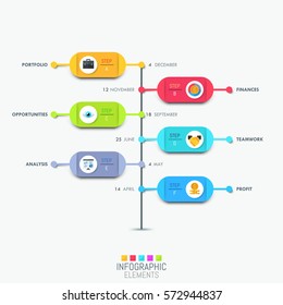Infographic design layout with vertical timeline and 6 colorful rounded elements with calendar date indication. Monthly steps to business profit concept. Vector illustration for presentation, report.