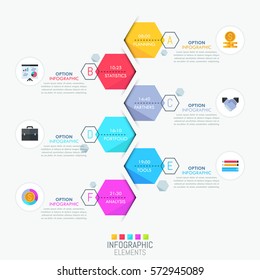 Infographic design layout, vertical timeline and 6 lettered hexagonal elements with time indication. Productivity planner and daily schedule concept. Vector illustration for website, presentation.