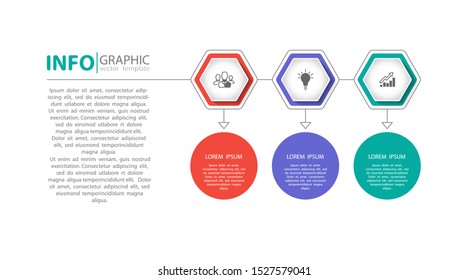 Infographic design and marketing icons, vector hexagons and circles. Can be used to create workflows, charts, annual reports, web design presentations. Business concept with 3 options, process steps