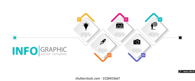 Infographic design and marketing icons, vector rhombuses. Can be used to create workflows, schedules, annual reports, presentation, web design.Business concept with 5 options, steps processes, sticker