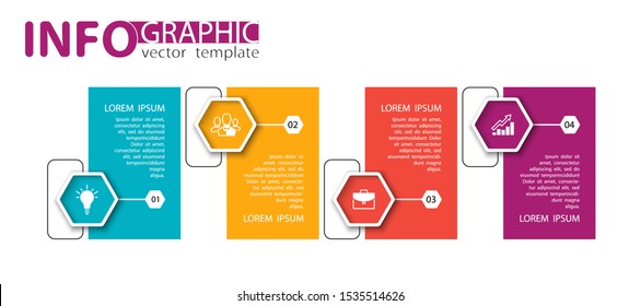 Infographic design and marketing icons, vector hexagons. Can be used to create workflows, charts, annual reports, web design presentations. Business concept with 4 options, process steps, sticker