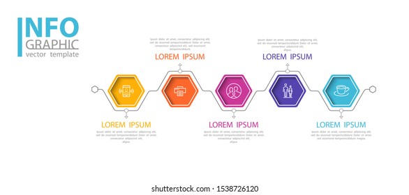 Infographic design and marketing icons, vector hexagons. Can be used to create workflows, charts, annual reports, web design presentations.Business concept with 5 options, process steps, sticker, user