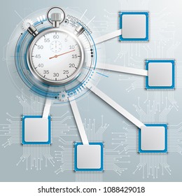 Infographic design with microchips and stopwatch on the gray background. Eps 10 vector file.