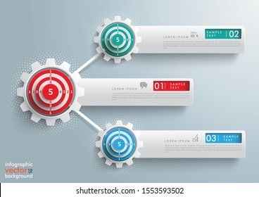 Infographic design with network gears, targets and banners on the gray background. Eps 10 vector file.