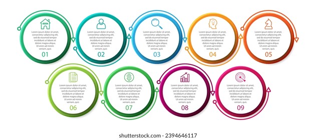 diseño infográfico con nueve secciones o opciones, diseño sencillo con líneas delgadas, iconos, símbolos, números y texto, para diagramas de flujo, presentaciones de negocios
