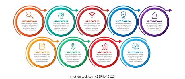 diseño infográfico con nueve secciones o opciones, diseño sencillo con líneas delgadas, iconos, símbolos, números y texto, para diagramas de flujo, presentaciones de negocios