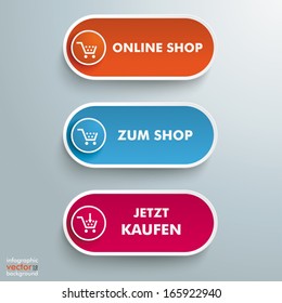 Infographic design on the grey background. German text "Zum Shop" and "Jetzt Kaufen", translate "Go to shop" and "Buy Now". Eps 10 vector file.