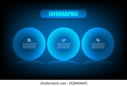 Infographic design overlays multiple circles to create complex dimensions. Presentation business template banner elements and numbers with three options. Business infographic reflection on the ground.