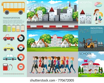 Infographic design with people and different settings illustration