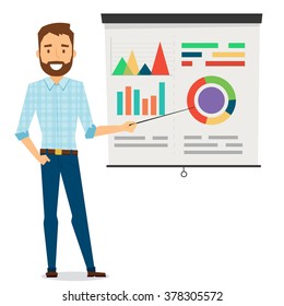 Infographic Design with Pie Chart and graphs.Elegant Businessman Character Design With Presentation on projection screen.