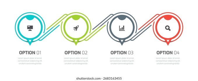 Infográfico Design PresentationTemplate, linhas, ícones e 4 opções. Adequado para Diagrama de Processo, Apresentação