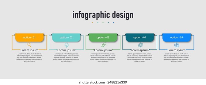 Infographic design process with square template design with icons and 5 options or steps. Vector illustration.

