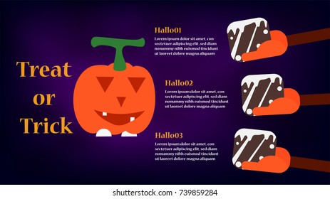 Infographic design with pumpkin and holding cake in concept of Halloween. Template for presentation, cover, web banner, poster and brochure.