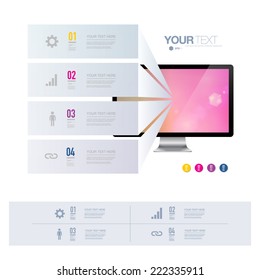 Infographic design with realistic 3d computer with colorful shiny wallpaper can be used for workflow layout, diagram, chart, number options, web design.  Eps 10 stock vector illustration 