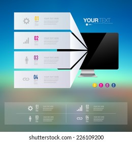 Infographic design with realistic 3d computer on blue sky landscape background  can be used for workflow layout, diagram, chart, number options, web design.  Eps 10 stock vector illustration 