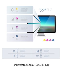 Infographic design with realistic 3d computer with colorful landscape wallpaper  can be used for workflow layout, diagram, chart, number options, web design.  Eps 10 stock vector illustration 