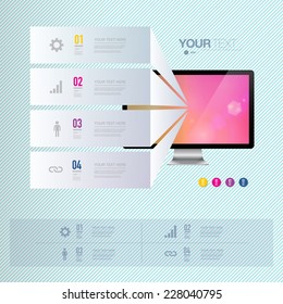 Infographic design with realistic 3d computer with colorful shiny wallpaper  can be used for workflow layout, diagram, chart, number options, web design.  Eps 10 stock vector illustration 