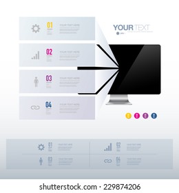 Infographic design with realistic 3d computer can be used for workflow layout, diagram, chart, number options, web design. Eps 10 stock vector illustration 