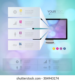 Infographic design with realistic 3d computer with colorful shiny wallpaper 
can be used for workflow layout, diagram, chart, number options, web design. 
EPS 10 stock vector illustration 