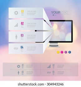 Infographic design with realistic 3d computer with colorful shiny wallpaper 
can be used for workflow layout, diagram, chart, number options, web design. 
EPS 10 stock vector illustration 