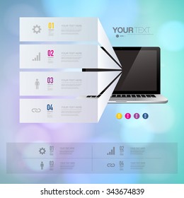 Infographic design with realistic 3d computer with colorful shiny bokeh wallpaper 
can be used for workflow layout, diagram, chart, number options, web design. 
Eps 10 stock vector illustration 