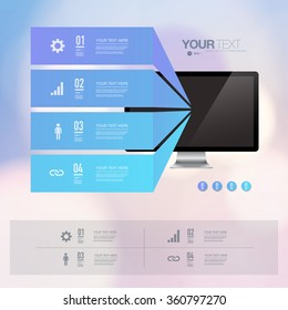 Infographic design with realistic 3d computer with colorful shiny bokeh background   can be used for workflow layout, diagram, chart, number options, web design.  Eps 10 stock vector illustration 