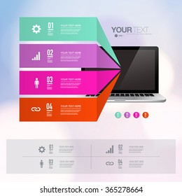 Infographic design with realistic 3d computer with colorful shiny bokeh background  
can be used for workflow layout, diagram, chart, number options, web design. 
Eps 10 stock vector illustration 
